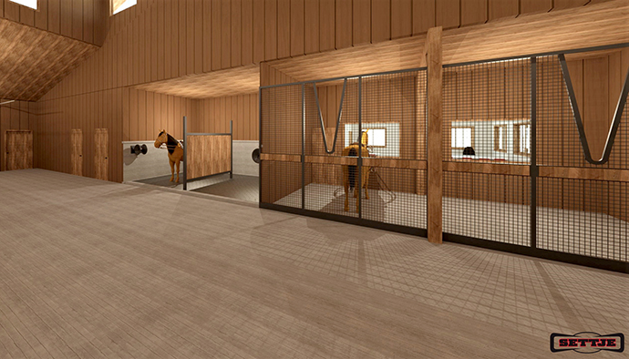 Equine Sports Complex Rendering - Barn Interior - Horse Stalls
