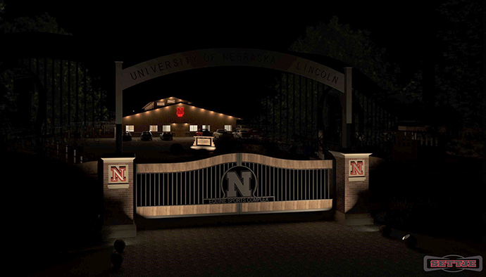 Equine Sports Complex Rendering - Nighttime Entrance Gate from West