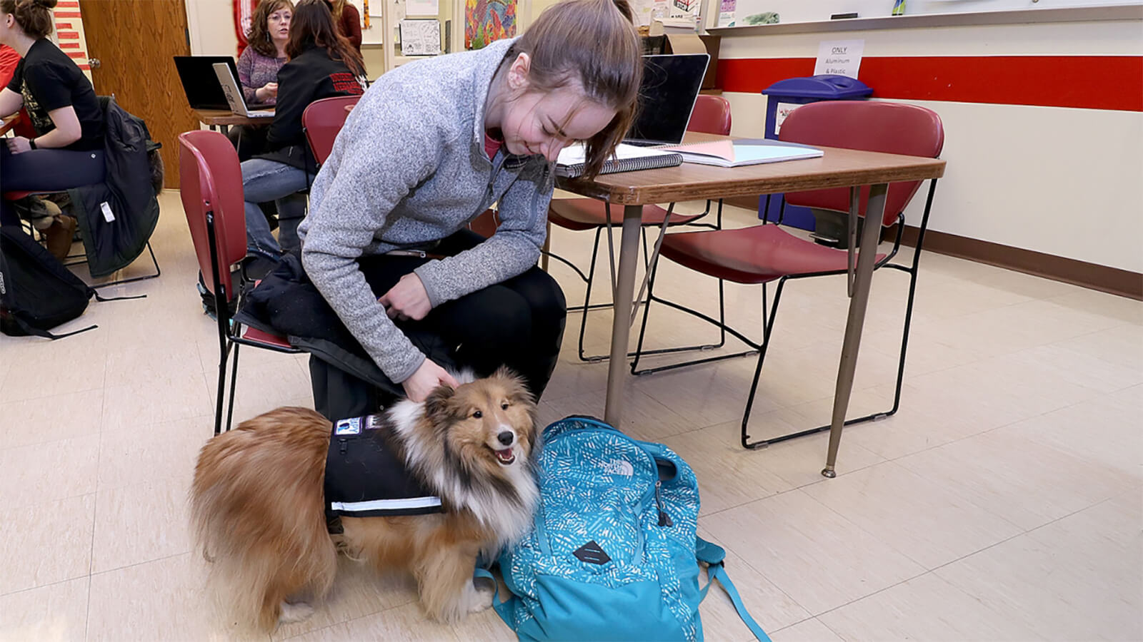 student petting a dog