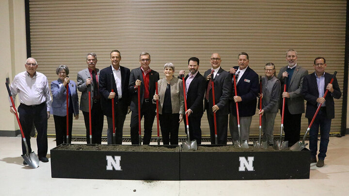 The University of Nebraska–Lincoln broke ground on its Feedlot Innovation Center near Mead on Nov. 4. Participating in the ceremony were (from left) Dennis and Glenda Boesiger; Clint Krehbiel, head of the Department of Animal Science; Mike Drury, president of Greater Omaha Packing; Chancellor Ronnie Green; Beth Klosterman; Steve Cohron, president of fed beef, JBS USA; IANR Vice Chancellor Mike Boehm; Doug Zalesky, director of the Eastern Nebraska Research, Extension and Education Center; Nancy Klopfenstein,