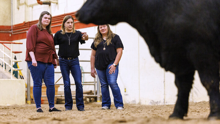 Jessica Petersen (center), associate professor of animal science, and graduate students Mackenzie Batt (left) and Lauren Seier (right) are part of a five-person Husker team whose research can expand the range of genetic tools used by breeders to boost cattle growth efficiency. An increase in feed efficiency of just 1% would save the U.S. cattle sector more than $11 million a year.