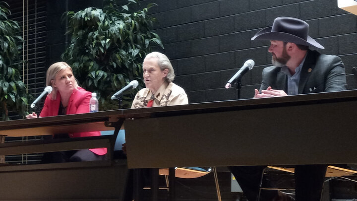 Temple Grandin (center) answers questions about animal behavior, autism and other topics during a question-and-answer session after the Hardin Hall screening of the documentary "An Open Door." At left is Ruth Woiwode, assistant professor of animal science at Nebraska, who studied under Grandin at Colorado State University. At right is John Festervand, the film's executive producer.   Geitner Simmons | IANR Communications