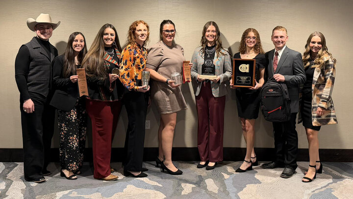 2025 Nebraska Meat Judging Team (L-R): Team Coordinator Bo Garcia, Madison Woehrle, Reagan Rippy, Grace Schlueter, Kylie Beard, Jaylea Pope, Kennedy Parks, Noah Summers, Coach Kara Reynolds