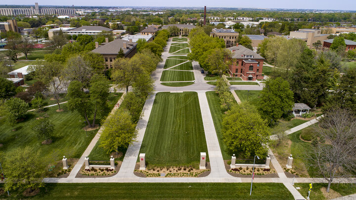 An aerial photo of the East Campus Mall