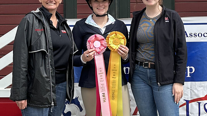 (L-R): Equestrian Head Coach Lori Jaixen, Anna Lampereur, and Graduate Assistant Coach Ibby Rodgers.