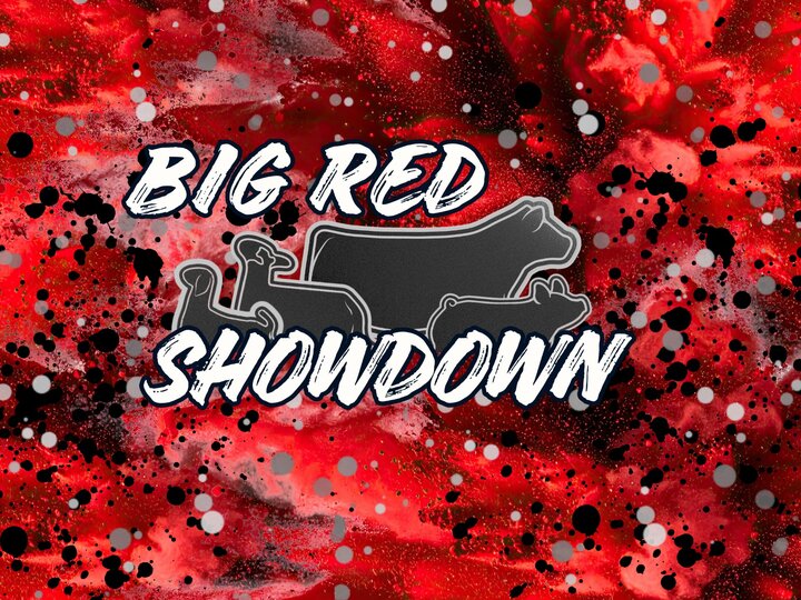 Red and black background with white "Big Red Showdown" text with silouhettes of different livestock species