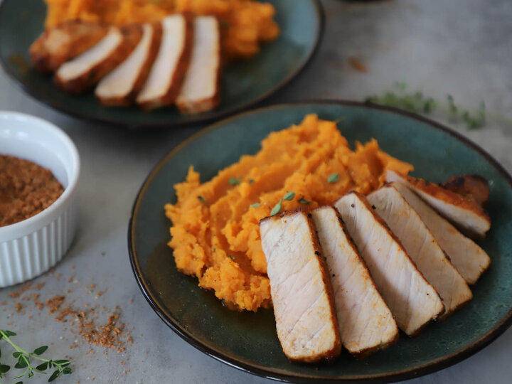 Air Fryer Pork Chops with Mashed Sweet Potatoes