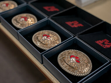 The medals that will be given to the winners of each event at end of the Nebraska Cornhusker College Rodeo at the Lancaster Event Center. 