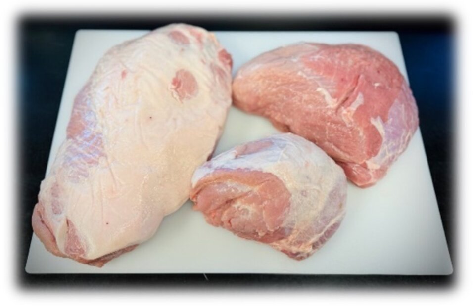 Photo: Illustrates the main muscles that make up a ham; outside (top left), inside (top right), and knuckle (center bottom).