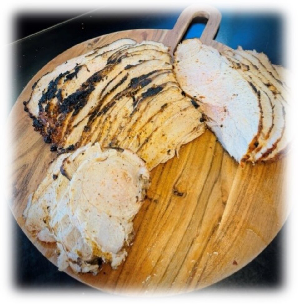 Grilled and sliced fresh knuckle (left), outside (center), and inside (right).